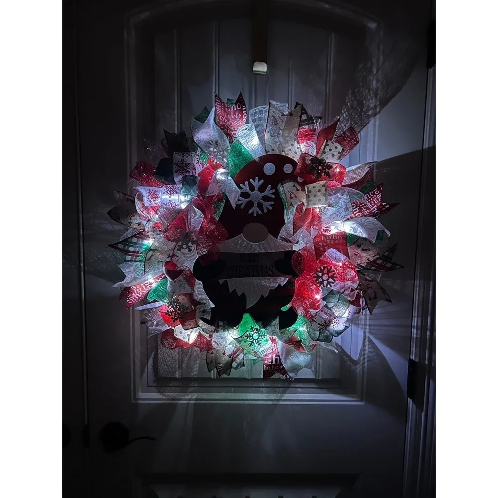 Christmas Snowflake Gnome Holiday Ribbon Door Wreath Handmade 22 ins LED W9